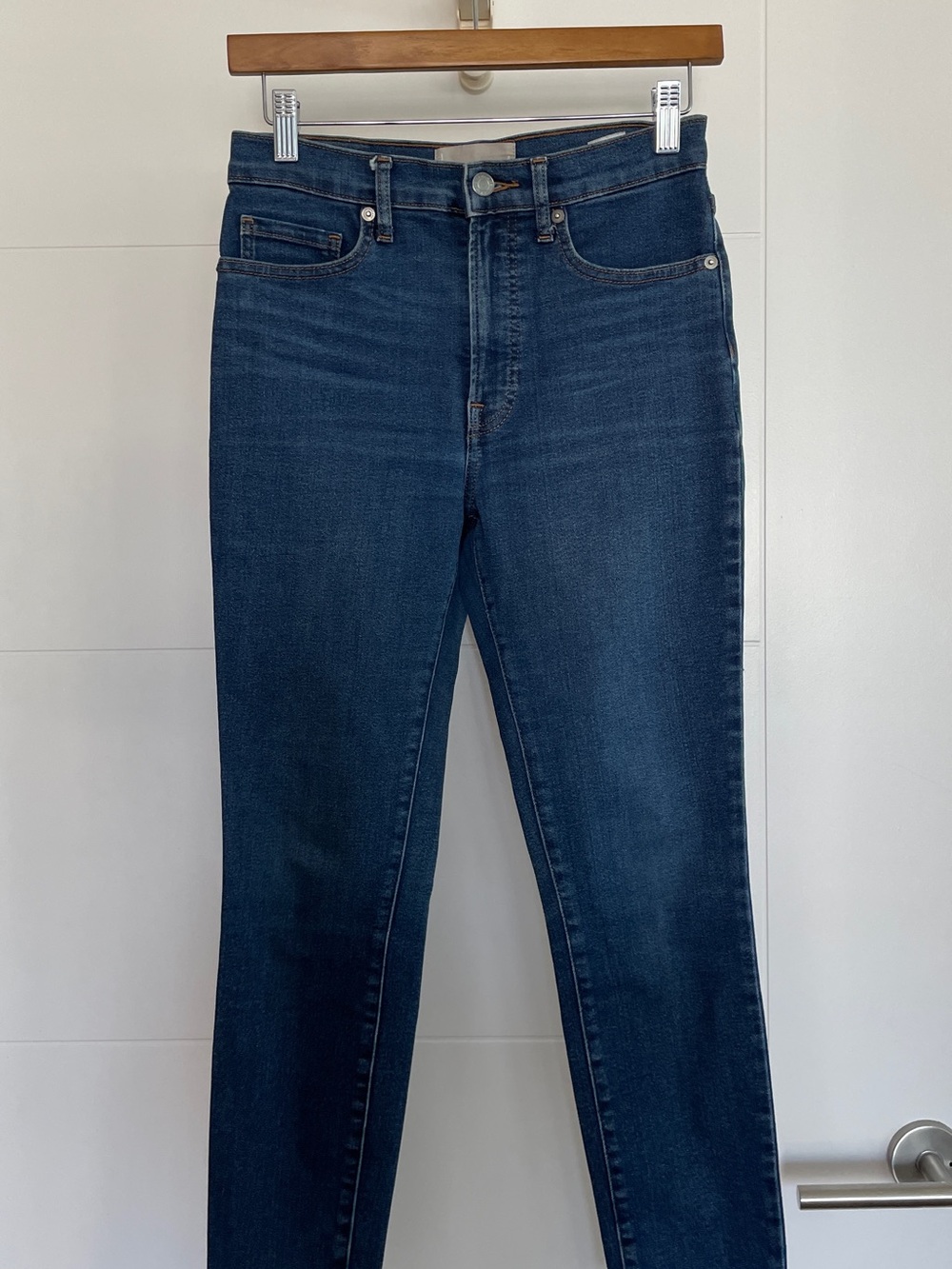 Everlane Indigo Blue Skinny Jeans with Tan Leather Patch